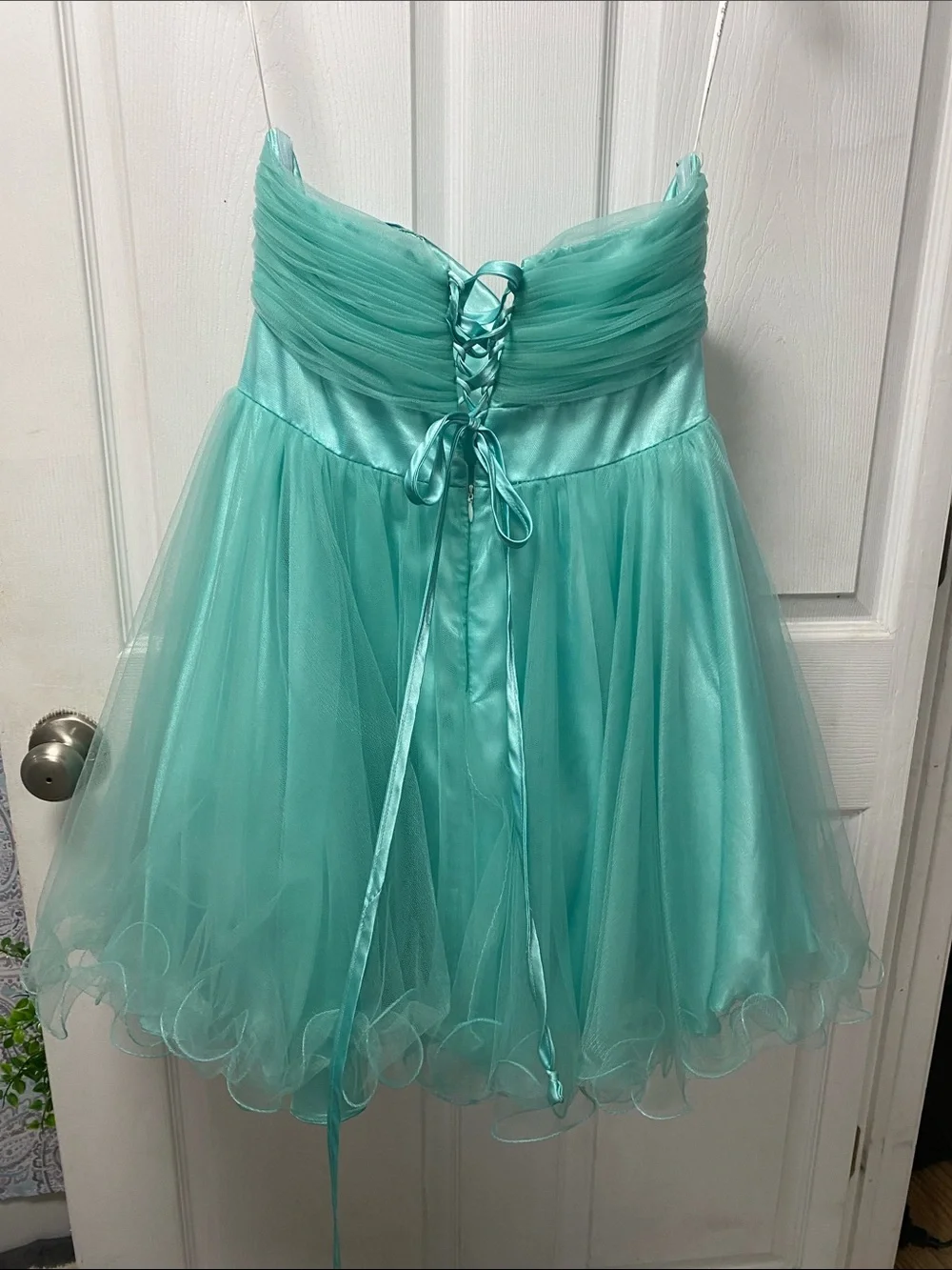 Sherri Hill Aqua Tulle Party Dress with Jeweled Waistband